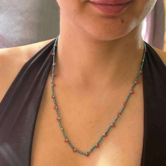 Jewelry - Handmade Green Beaded Necklace with Pink Accents